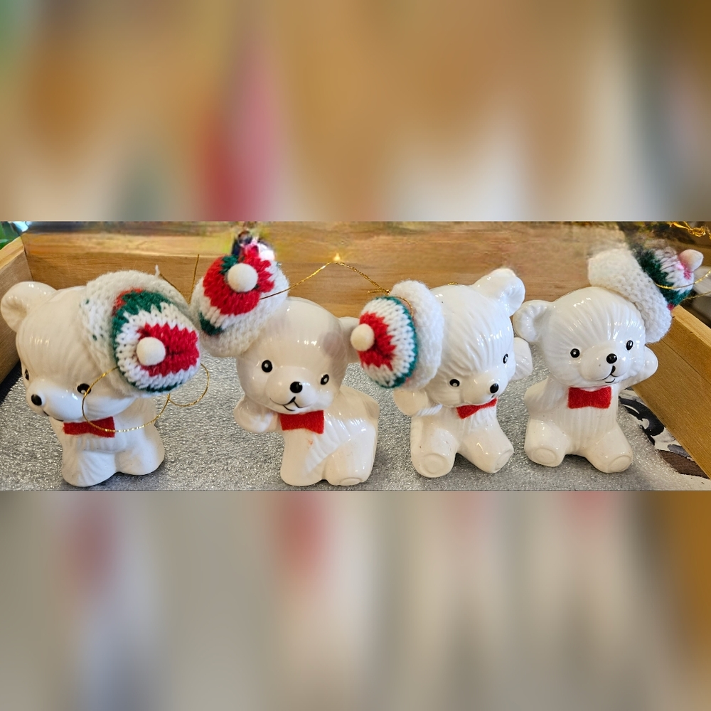 Set of 4 Vintage White Ceramic Polar Bears, Christmas Figurines.